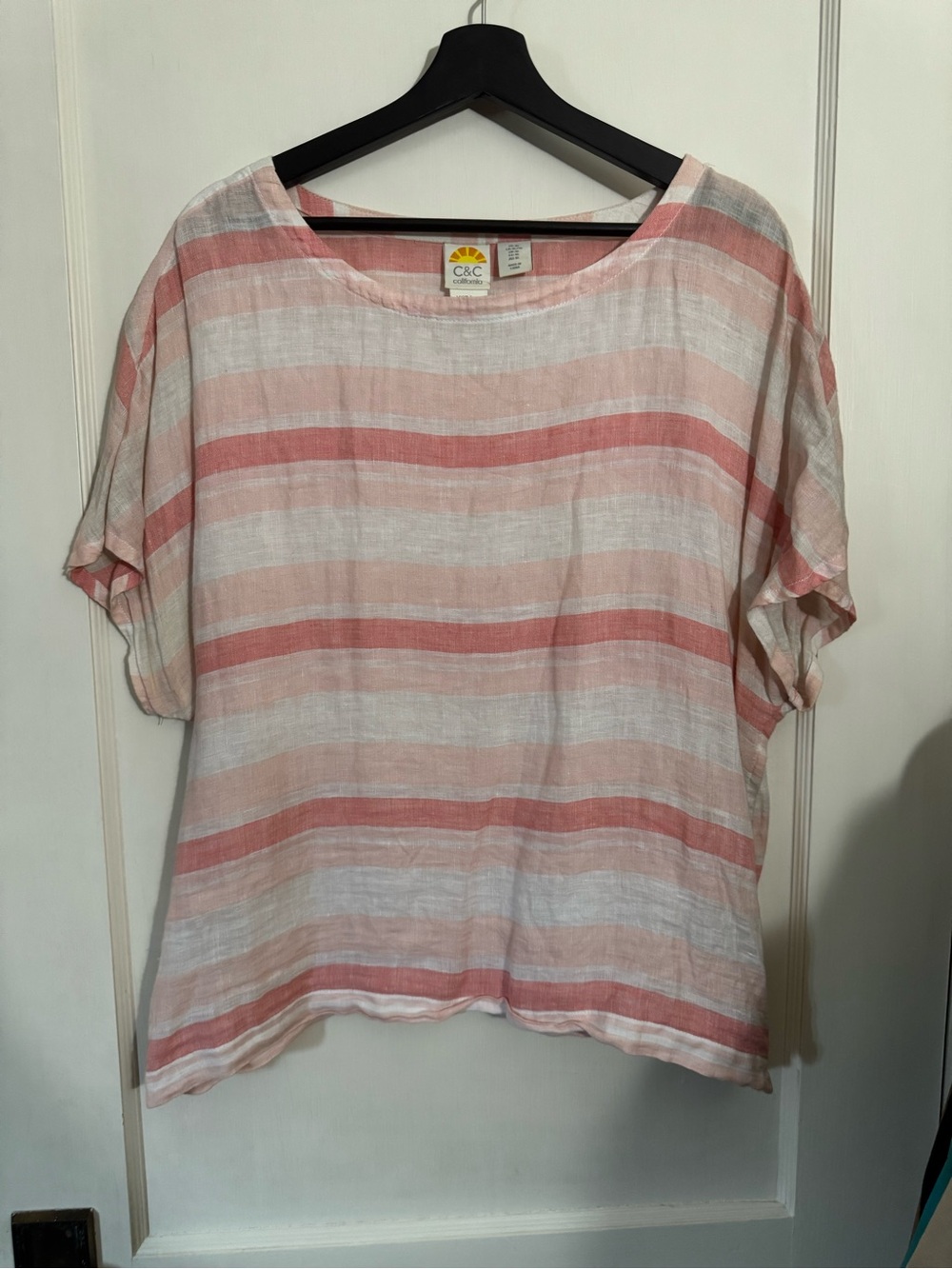 C&C California Striped 100% Linen Short Sleeve Top in Pink and White